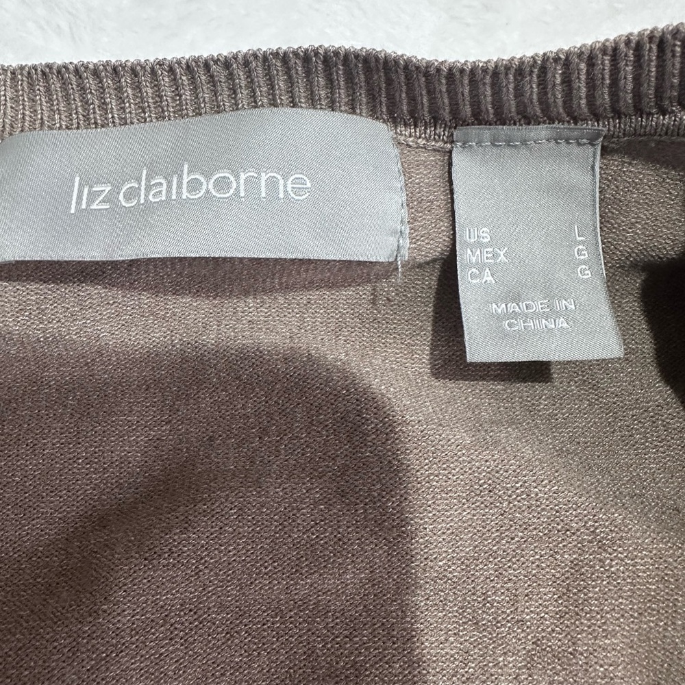 Liz Claiborne Brown Taupe Cardigan Embroidered V Neck Button Front Size Large - Picture 3 of 8